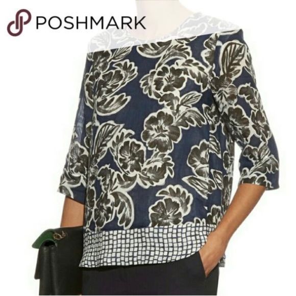 Max Mara Blouse Panteon Blue, Black & White Size 6 Blue Floral Linen Look Tunic - Picture 8 of 9